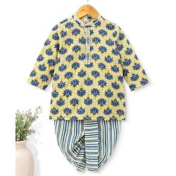 Babyhug 100% Cotton Full Sleeves Floral Print Kurta & Dhoti Set - Light Yellow
