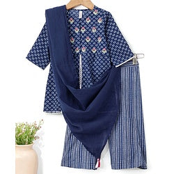 Babyhug 100% Cotton Full Sleeves Kurti & Palazzo With Dupatta Floral Print & Embroidery- Indigo