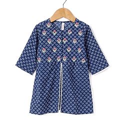 Babyhug 100% Cotton Full Sleeves Kurti & Palazzo With Dupatta Floral Print & Embroidery- Indigo