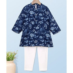 Babyhug 100% Cotton Woven Full Sleeves Kurta with Payjama Set Floral Print - Blue