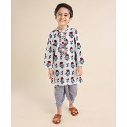 Babyhug 100% Cotton Full Sleeves Woven Floral Printed Kurta with Chevron Printed Dhoti Set - White