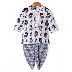 Babyhug 100% Cotton Full Sleeves Woven Floral Printed Kurta with Chevron Printed Dhoti Set - White