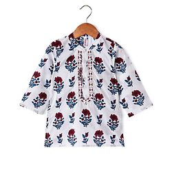 Babyhug 100% Cotton Full Sleeves Woven Floral Printed Kurta with Chevron Printed Dhoti Set - White