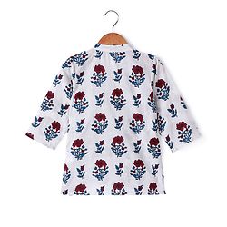 Babyhug 100% Cotton Full Sleeves Woven Floral Printed Kurta with Chevron Printed Dhoti Set - White