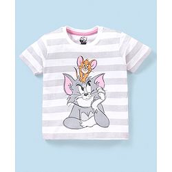 Babyhug Cotton Jersey Knit Half Sleeves Striped T-Shirt Tom & Jerry Print - White & Grey Melange