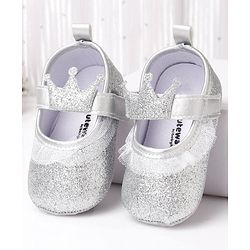 Cute Walk by Babyhug Party Glitter Booties with Crown Applique and Velcro Closure - Silver
