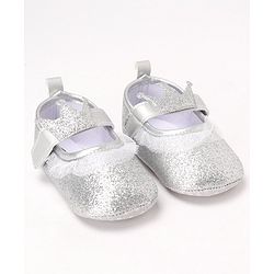 Cute Walk by Babyhug Party Glitter Booties with Crown Applique and Velcro Closure - Silver