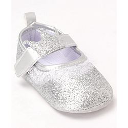 Cute Walk by Babyhug Party Glitter Booties with Crown Applique and Velcro Closure - Silver