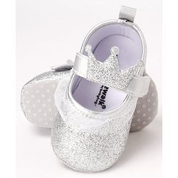 Cute Walk by Babyhug Party Glitter Booties with Crown Applique and Velcro Closure - Silver
