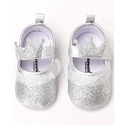 Cute Walk by Babyhug Party Glitter Booties with Crown Applique and Velcro Closure - Silver