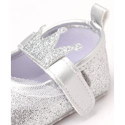 Cute Walk by Babyhug Party Glitter Booties with Crown Applique and Velcro Closure - Silver