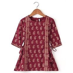 Babyhug Three Fourth Sleeveless Foil Printed Kurta Lehenga Set With Dupatta - Maroon