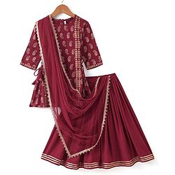 Babyhug Three Fourth Sleeveless Foil Printed Kurta Lehenga Set With Dupatta - Maroon
