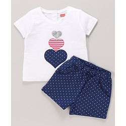 Babyhug 100% Cotton Knit Half Sleeves Top & Shorts Set with Bow Applique Heart & Stars Print - White & Navy