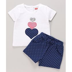 Babyhug 100% Cotton Knit Half Sleeves Top & Shorts Set with Bow Applique Heart & Stars Print - White & Navy
