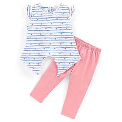 Babyhug 100% Cotton Knit Half Sleeves Striped Top and Legging Set Heart Print - Peach & White