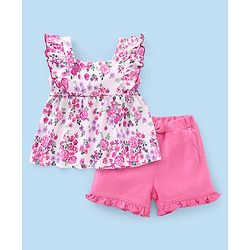 Babyhug 100% Cotton Sleeveless Top & Short Set Floral Print- Pink