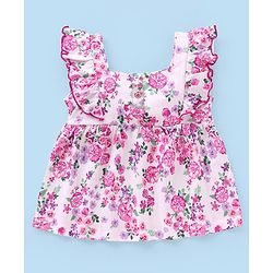 Babyhug 100% Cotton Sleeveless Top & Short Set Floral Print- Pink