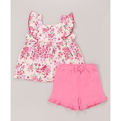Babyhug 100% Cotton Sleeveless Top & Short Set Floral Print- Pink