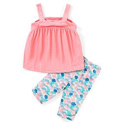 Babyhug 100% Cotton Sleeveless Solid Colour Top and Tropical Printed Leggings Set - Peach & Blue