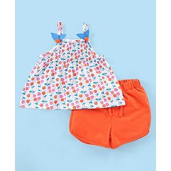 Babyhug 100% Cotton Sleeveless Top & Shorts Cherry Print - White & Orange