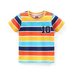 Babyhug Cotton Knit Half Sleeves Striped T-Shirt Number Print - Blue & Yellow
