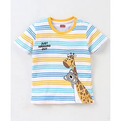 Babyhug Cotton Knit Half Sleeves Striped T-Shirt with Giraffe Print - White