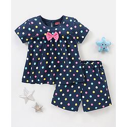 Babyhug Cotton Knit Half Sleeves Night Suit with Bow Applique Polka Dots Print - Blue