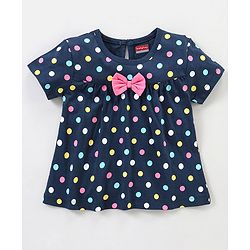 Babyhug Cotton Knit Half Sleeves Night Suit with Bow Applique Polka Dots Print - Blue