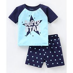 Babyhug Cotton Knit Half Sleeves Night Suit Star Print - Blue