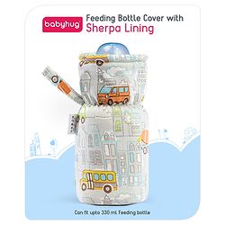 Babyhug 100% Cotton Premium Feeding Bottle Cover with Sherpa Lining Vehicle Print - Fits Upto 200 ml Bottle
