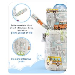 Babyhug 100% Cotton Premium Feeding Bottle Cover with Sherpa Lining Vehicle Print - Fits upto 330 ml