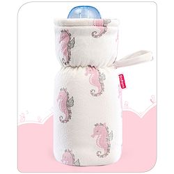 Babyhug 100% Cotton Premium Feeding Bottle Cover with Sherpa Lining Sea Horse Print - Fits upto 330 ml