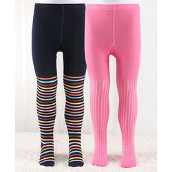 Cutewalk by Babyhug Anti Bacterial Footed Tights Striped Pack Of 2 - Navy Blue & Pink