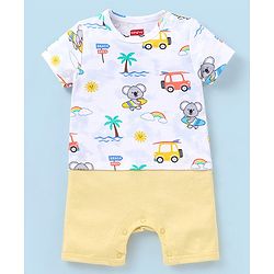Babyhug 100% Cotton Knit Half Sleeves Striped Romper Koala Print - Blue & Yellow