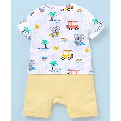Babyhug 100% Cotton Knit Half Sleeves Striped Romper Koala Print - Blue & Yellow