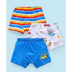Babyhug 100% Cotton Knit Striped Trunks Car Print Pack of 3 - Blue & White
