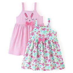 Babyhug 100% Cotton Knit Sleeveless Frocks with Bow Applique Stripes & Floral Print Pack of 2 - Pink & Mint