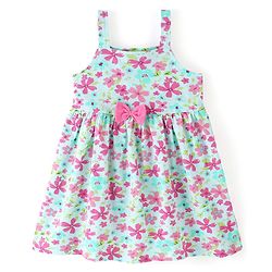 Babyhug 100% Cotton Knit Sleeveless Frocks with Bow Applique Stripes & Floral Print Pack of 2 - Pink & Mint