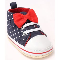 Cute Walk by Babyhug Slip On Booties with Bow Applique & Polka Dots Print - Blue