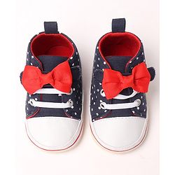 Cute Walk by Babyhug Slip On Booties with Bow Applique & Polka Dots Print - Blue