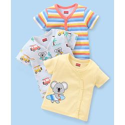 Babyhug 100% Cotton Half Sleeves Vests Stripes & Koala Print Pack of 3 - Light Yellow Sky Blue & Orange