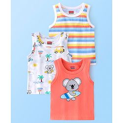 Babyhug 100% Cotton Sleeveless Beach Printed & Stripe Sando Pack of 3 - Multicolour