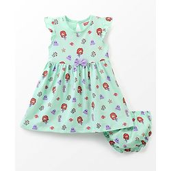 Babyhug 100% Cotton Knit Short Sleeves Floral Printed Frock with Bloomer and Bow Applique - Mint Green