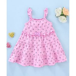 Babyhug 100% Cotton Knit Sleeveless Frock Floral Print with Bow Applique - Pink