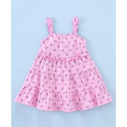Babyhug 100% Cotton Knit Sleeveless Frock Floral Print with Bow Applique - Pink