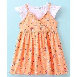 Babyhug 100% Cotton Knit Floral Print Frock with Frill Sleeves Inner Tee - Peach & White