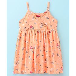 Babyhug 100% Cotton Knit Floral Print Frock with Frill Sleeves Inner Tee - Peach & White