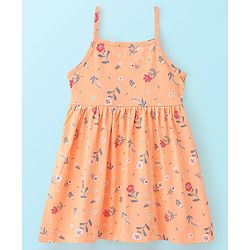 Babyhug 100% Cotton Knit Floral Print Frock with Frill Sleeves Inner Tee - Peach & White