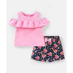 Babyhug 100% Cotton Sleeveless Frilled Top & Shorts Set Floral Print - Pink & Navy